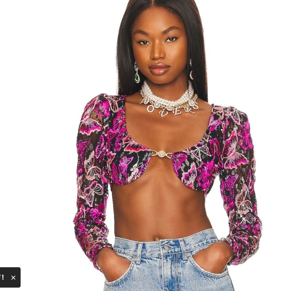 Lovers + Friends Pink and Black butterfly‎ lace Crop Top